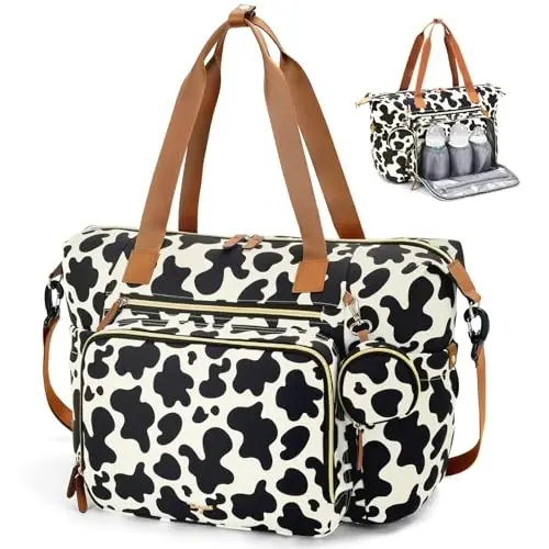 Tonyeee Diaper Bag Tote, Large Baby Diaper Bags for Travel, Hospital Bag for Labor Delivery with Pacifier Case, Changing Pad, Shoulder Strap, Cow Print - TONYEEE