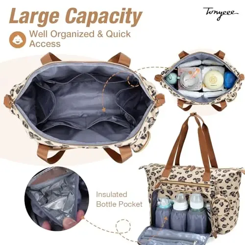Tonyeee Diaper Bag Tote, Large Baby Diaper Bags for Travel, Hospital Bag for Labor Delivery with Pacifier Case, Changing Pad, Shoulder Strap, Leopard Print - 2