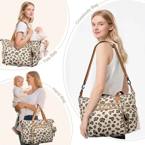 Tonyeee Diaper Bag Tote, Large Baby Diaper Bags for Travel, Hospital Bag for Labor Delivery with Pacifier Case, Changing Pad, Shoulder Strap, Leopard Print - 3