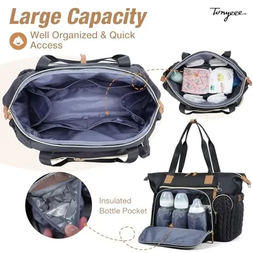 Tonyeee Diaper Bag Tote, Large Diaper Bags Waterproof, Hospital Bag for Labor Delivery, Baby Bag with Pacifier Case, Travel Diaper Tote with Changing Pad, Black - 3