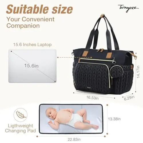 Tonyeee Diaper Bag Tote, Large Diaper Bags Waterproof, Hospital Bag for Labor Delivery, Baby Bag with Pacifier Case, Travel Diaper Tote with Changing Pad, Black - 4