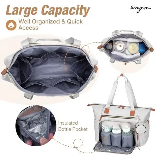 Tonyeee Diaper Bag Tote, Large Diaper Bags Waterproof, Hospital Bag for Labor Delivery, Baby Bag with Pacifier Case, Travel Diaper Tote with Changing Pad, Grey - TONYEEE (1)