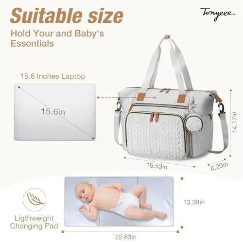 Tonyeee Diaper Bag Tote, Large Diaper Bags Waterproof, Hospital Bag for Labor Delivery, Baby Bag with Pacifier Case, Travel Diaper Tote with Changing Pad, Grey - 3