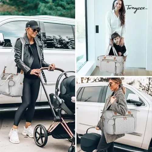 Tonyeee Diaper Bag Tote, Large Diaper Bags Waterproof, Hospital Bag for Labor Delivery, Baby Bag with Pacifier Case, Travel Diaper Tote with Changing Pad, Grey - 5