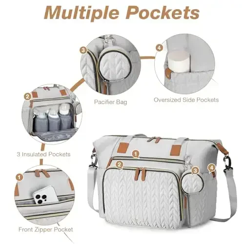 Tonyeee Diaper Bag Tote, Large Diaper Bags Waterproof, Hospital Bag for Labor Delivery, Baby Bag with Pacifier Case, Travel Diaper Tote with Changing Pad, Grey - 4