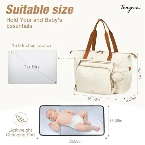 Tonyeee Diaper Bag Tote, Large Baby Diaper Bags Waterproof, Hospital Bag for Labor Delivery with Pacifier Case, Changing Pad, Shoulder Strap, Beige - 5