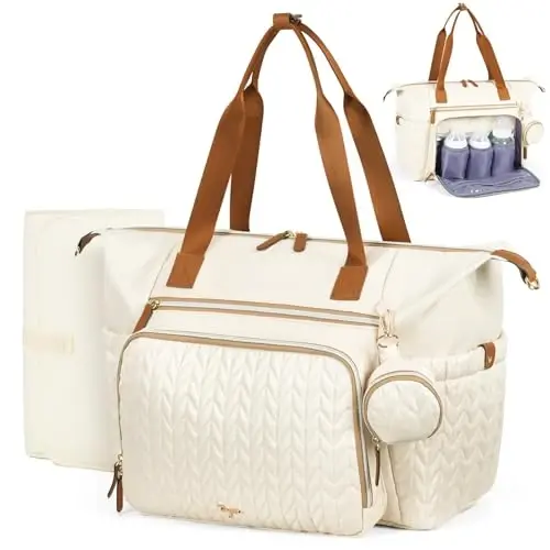 Tonyeee Diaper Bag Tote, Large Baby Diaper Bags Waterproof, Hospital Bag for Labor Delivery with Pacifier Case, Changing Pad, Shoulder Strap, Beige - TONYEEE