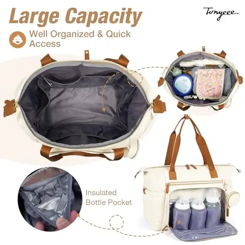 Tonyeee Diaper Bag Tote, Large Baby Diaper Bags Waterproof, Hospital Bag for Labor Delivery with Pacifier Case, Changing Pad, Shoulder Strap, Beige - 3