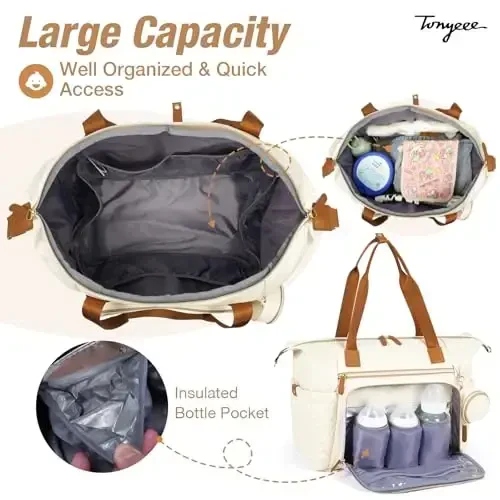 Tonyeee Diaper Bag Tote, Large Baby Diaper Bags Waterproof, Hospital Bag for Labor Delivery with Pacifier Case, Changing Pad, Shoulder Strap, Beige - 3