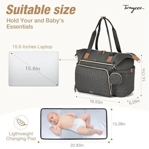 Tonyeee Diaper Bag Tote, Large Baby Diaper Bags Waterproof, Hospital Bag for Labor Delivery with Pacifier Case, Changing Pad, Shoulder Strap, Dark Gray - 5