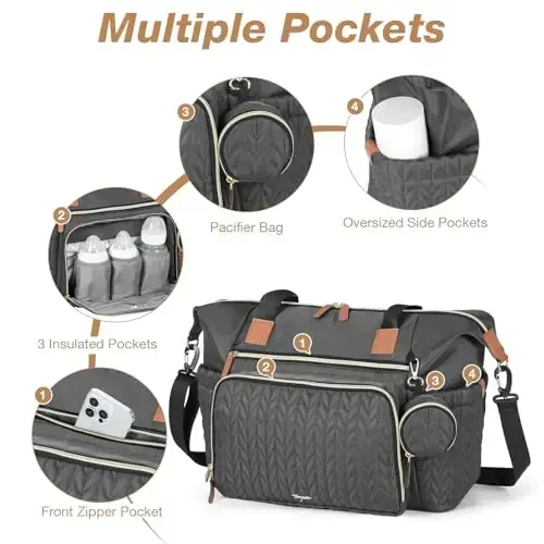 Tonyeee Diaper Bag Tote, Katta Bolalar Bezi Sumkalari Suv o'tkazmaydigan, Tug'ish uchun Kasalxona Sumkasi Emzik G'ilofi, Almashtirish Matosi, Yelkali Tasma, To'q Kulrang - 4