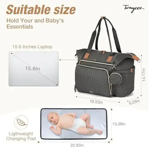 Tonyeee Diaper Bag Tote, Katta Bolalar Bezi Sumkalari Suv o'tkazmaydigan, Tug'ish uchun Kasalxona Sumkasi Emzik G'ilofi, Almashtirish Matosi, Yelkali Tasma, To'q Kulrang - 5
