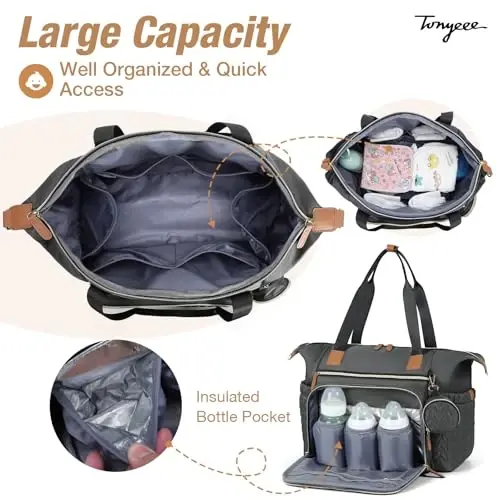Tonyeee Diaper Bag Tote, Katta Bolalar Bezi Sumkalari Suv o'tkazmaydigan, Tug'ish uchun Kasalxona Sumkasi Emzik G'ilofi, Almashtirish Matosi, Yelkali Tasma, To'q Kulrang - 3