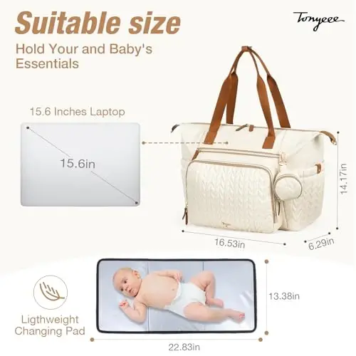 Tonyeee Diaper Bag Tote, Katta Bolalar Pampers Sumkalari Suvga chidamli, Emzik G'ilofi bilan Tug'ish uchun Kasalxona Sumkasi, O'zgartirish Matosi, Yelkali Tasma, Bej - 5