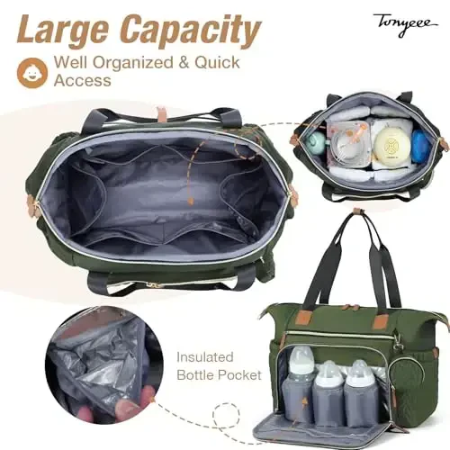 Tonyeee Diaper Bag Tote, Katta bolalar tagliklari uchun suv o‘tkazmaydigan sumkalar, emzik qutisi, almashtirish yostig‘i, yelkali tasmasi bilan tug‘ruq uchun kasalxona sumkasi, to‘q yashil - 3