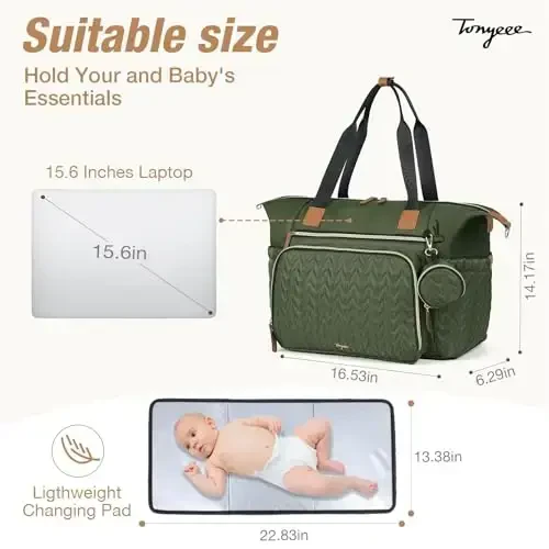 Tonyeee Diaper Bag Tote, Katta bolalar tagliklari uchun suv o‘tkazmaydigan sumkalar, emzik qutisi, almashtirish yostig‘i, yelkali tasmasi bilan tug‘ruq uchun kasalxona sumkasi, to‘q yashil - 5