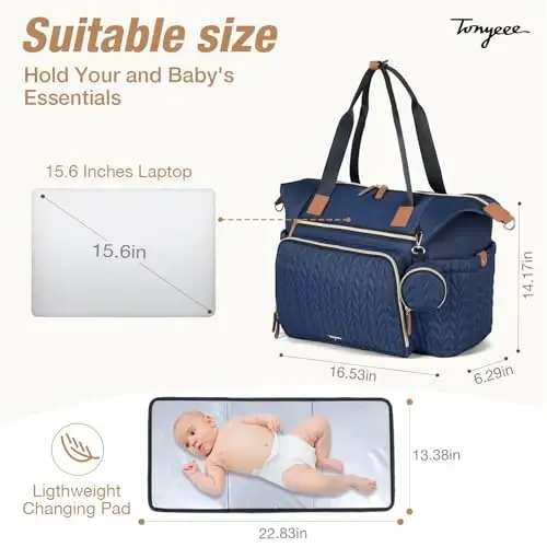 Tonyeee Diaper Bag Tote, Katta Bolalar uchun Taglik Sumkalari Suv o'tkazmaydigan, Emzik G'ilofi bilan Tug'ish uchun Kasalxona Sumkasi, O'zgartirish Yostig'i, Yelkali Tasmali, To'q Ko'k - 5