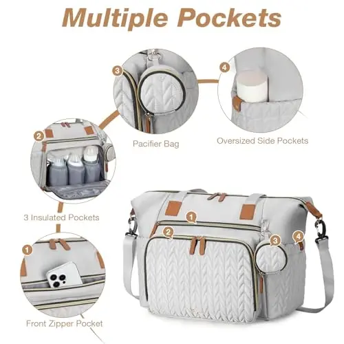 Tonyeee Diaper Bag Tote, Katta taglik sumkalari suv o'tkazmaydigan, tug'ruq uchun shifoxona sumkasi, emzik qutisi bilan chaqaloq sumkasi, almashtirish uchun joyli sayohat taglik sumkasi, kulrang - 4