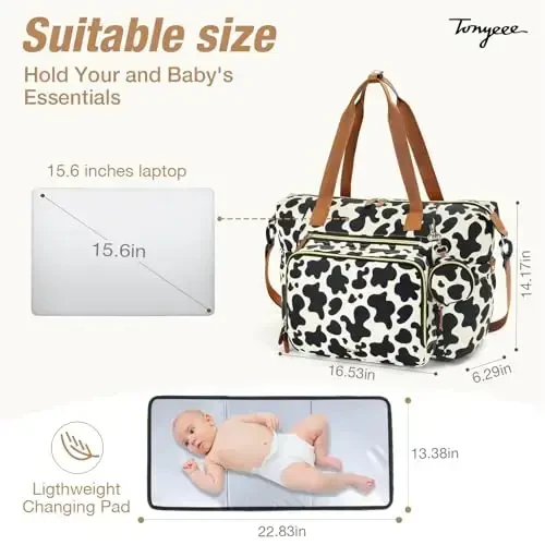 Tonyeee Diaper Bag Tote, Large Baby Diaper Bags for Travel, Hospital Bag for Labor Delivery with Pacifier Case, Changing Pad, Shoulder Strap, Cow Print - 4