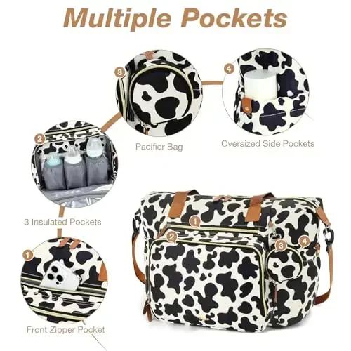 Tonyeee Diaper Bag Tote, Large Baby Diaper Bags for Travel, Hospital Bag for Labor Delivery with Pacifier Case, Changing Pad, Shoulder Strap, Cow Print - 5