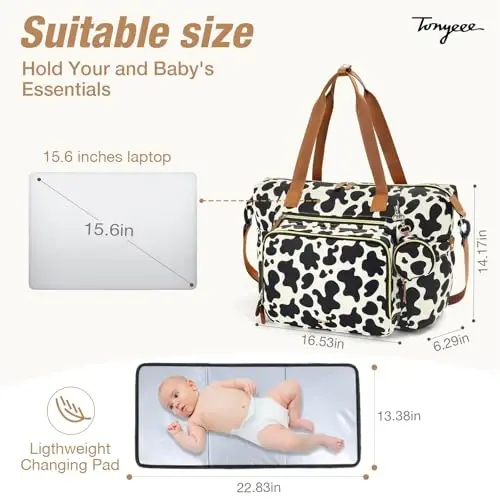 Tonyeee Diaper Bag Tote, Large Baby Diaper Bags for Travel, Hospital Bag for Labor Delivery with Pacifier Case, Changing Pad, Shoulder Strap, Cow Print - 4