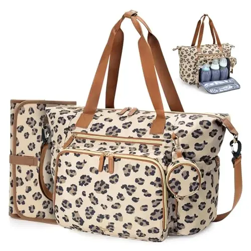 Tonyeee Diaper Bag Tote, Large Baby Diaper Bags for Travel, Hospital Bag for Labor Delivery with Pacifier Case, Changing Pad, Shoulder Strap, Leopard Print - 1
