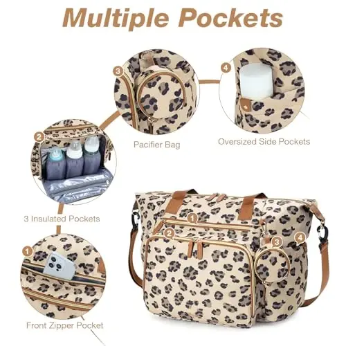 Tonyeee Diaper Bag Tote, Large Baby Diaper Bags for Travel, Hospital Bag for Labor Delivery with Pacifier Case, Changing Pad, Shoulder Strap, Leopard Print - 4
