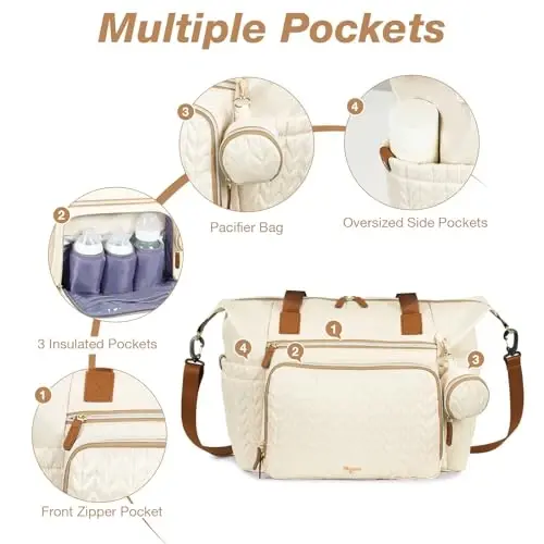 Tonyeee Diaper Bag Tote, Large Baby Diaper Bags Waterproof, Hospital Bag for Labor Delivery with Pacifier Case, Changing Pad, Shoulder Strap, Beige - 4