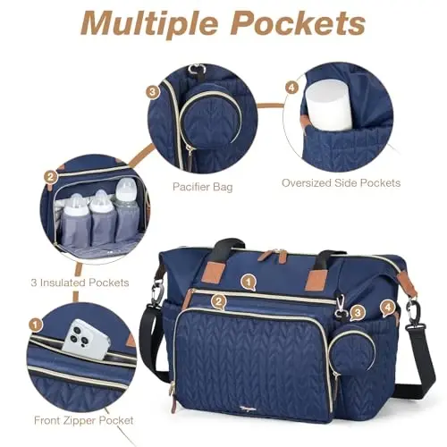 Tonyeee Diaper Bag Tote, Large Baby Diaper Bags Waterproof, Hospital Bag for Labor Delivery with Pacifier Case, Changing Pad, Shoulder Strap, Dark Blue - 4