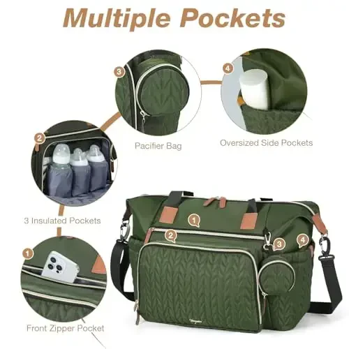 Tonyeee Diaper Bag Tote, Large Baby Diaper Bags Waterproof, Hospital Bag for Labor Delivery with Pacifier Case, Changing Pad, Shoulder Strap, Dark Green - 4