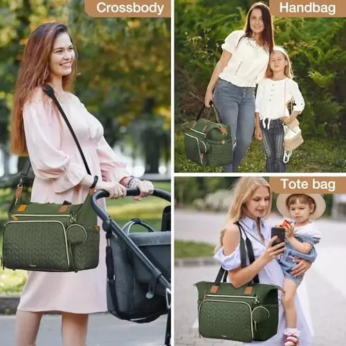 Tonyeee Diaper Bag Tote, Large Baby Diaper Bags Waterproof, Hospital Bag for Labor Delivery with Pacifier Case, Changing Pad, Shoulder Strap, Dark Green - 2
