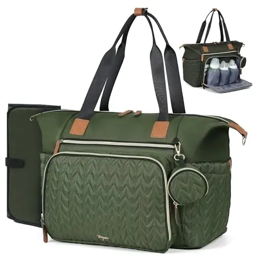 Tonyeee Diaper Bag Tote, Large Baby Diaper Bags Waterproof, Hospital Bag for Labor Delivery with Pacifier Case, Changing Pad, Shoulder Strap, Dark Green - 1
