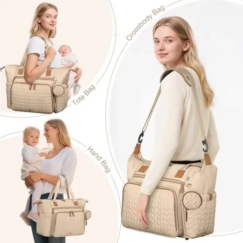Tonyeee Diaper Bag Tote, Large Baby Diaper Bags Waterproof, Hospital Bag for Labor Delivery with Pacifier Case, Changing Pad, Shoulder Strap, khaki - 2