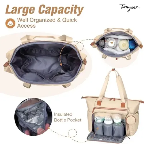 Tonyeee Diaper Bag Tote, Large Baby Diaper Bags Waterproof, Hospital Bag for Labor Delivery with Pacifier Case, Changing Pad, Shoulder Strap, khaki - 3