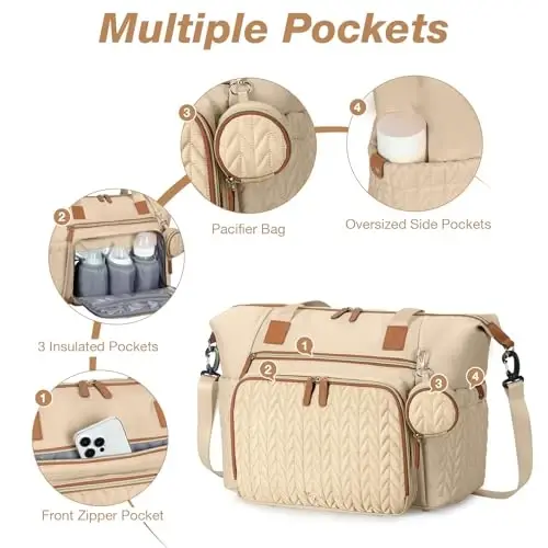 Tonyeee Diaper Bag Tote, Large Baby Diaper Bags Waterproof, Hospital Bag for Labor Delivery with Pacifier Case, Changing Pad, Shoulder Strap, khaki - 5