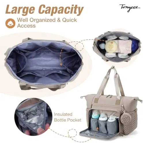 Tonyeee Diaper Bag Tote, Large Baby Hospital Bag for Labor Delivery Mom | Travel Diaper Tote with Changing Pad, Pacifier Case, Insulated Pockets, Luggage Sleeve, Shoulder Strap, Quilted Taupe - 3