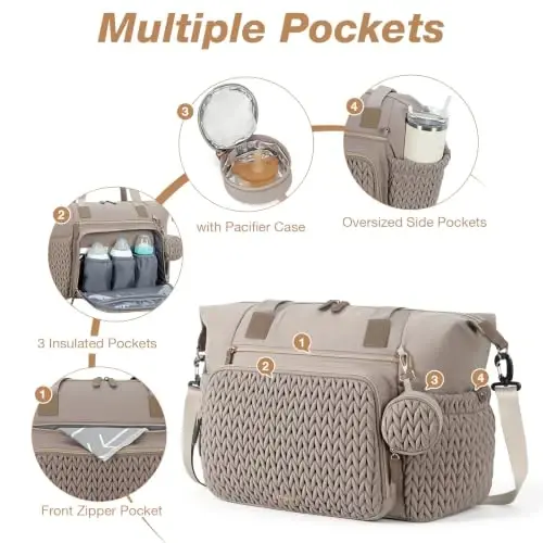 Tonyeee Diaper Bag Tote, Large Baby Hospital Bag for Labor Delivery Mom | Travel Diaper Tote with Changing Pad, Pacifier Case, Insulated Pockets, Luggage Sleeve, Shoulder Strap, Quilted Taupe - 4
