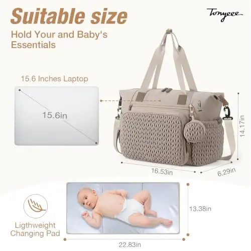 Tonyeee Diaper Bag Tote, Large Baby Hospital Bag for Labor Delivery Mom | Travel Diaper Tote with Changing Pad, Pacifier Case, Insulated Pockets, Luggage Sleeve, Shoulder Strap, Quilted Taupe - 5