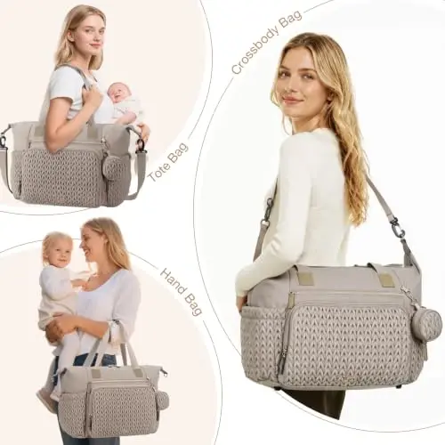 Tonyeee Diaper Bag Tote, Large Baby Hospital Bag for Labor Delivery Mom | Travel Diaper Tote with Changing Pad, Pacifier Case, Insulated Pockets, Luggage Sleeve, Shoulder Strap, Quilted Taupe - 6