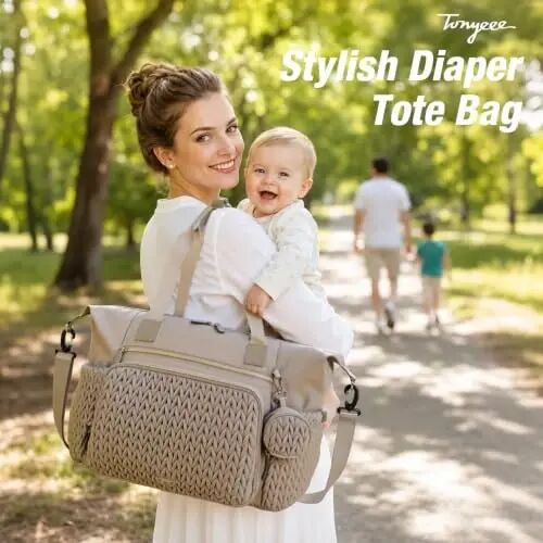 Tonyeee Diaper Bag Tote, Large Baby Hospital Bag for Labor Delivery Mom | Travel Diaper Tote with Changing Pad, Pacifier Case, Insulated Pockets, Luggage Sleeve, Shoulder Strap, Quilted Taupe - Tonyeee (1)