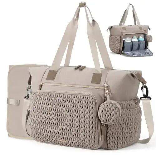 Tonyeee Diaper Bag Tote, Large Baby Hospital Bag for Labor Delivery Mom | Travel Diaper Tote with Changing Pad, Pacifier Case, Insulated Pockets, Luggage Sleeve, Shoulder Strap, Quilted Taupe - Tonyeee