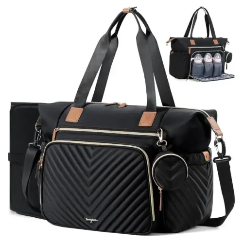 Tonyeee Diaper Bag Tote, Large Baby Hospital Bag for Labor Delivery Mom | Travel Diaper Tote with Changing Pad, Pacifier Case, Insulated Pockets, Luggage Sleeve, Shoulder Strap, V-Quilted Black - 1