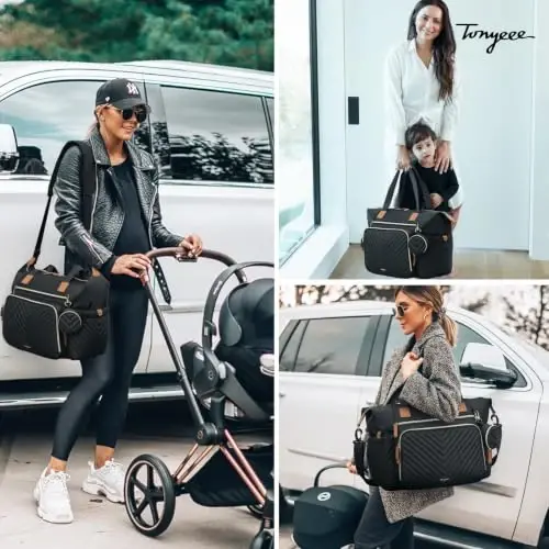 Tonyeee Diaper Bag Tote, Large Baby Hospital Bag for Labor Delivery Mom | Travel Diaper Tote with Changing Pad, Pacifier Case, Insulated Pockets, Luggage Sleeve, Shoulder Strap, V-Quilted Black - 2