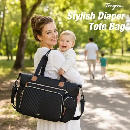 Tonyeee Diaper Bag Tote, Large Baby Hospital Bag for Labor Delivery Mom | Travel Diaper Tote with Changing Pad, Pacifier Case, Insulated Pockets, Luggage Sleeve, Shoulder Strap, V-Quilted Black - 3
