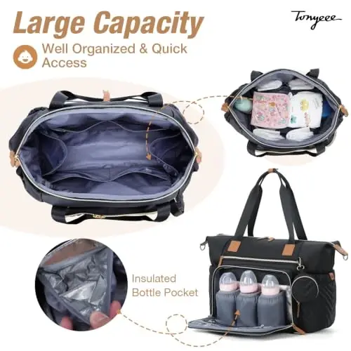 Tonyeee Diaper Bag Tote, Large Baby Hospital Bag for Labor Delivery Mom | Travel Diaper Tote with Changing Pad, Pacifier Case, Insulated Pockets, Luggage Sleeve, Shoulder Strap, V-Quilted Black - 4