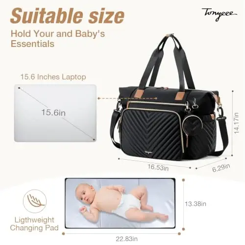 Tonyeee Diaper Bag Tote, Large Baby Hospital Bag for Labor Delivery Mom | Travel Diaper Tote with Changing Pad, Pacifier Case, Insulated Pockets, Luggage Sleeve, Shoulder Strap, V-Quilted Black - 5