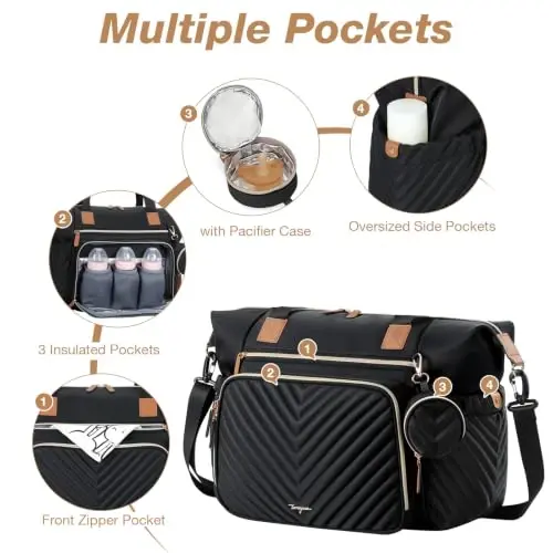 Tonyeee Diaper Bag Tote, Large Baby Hospital Bag for Labor Delivery Mom | Travel Diaper Tote with Changing Pad, Pacifier Case, Insulated Pockets, Luggage Sleeve, Shoulder Strap, V-Quilted Black - 6