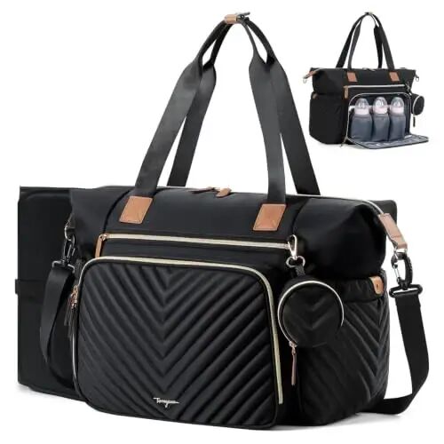Tonyeee Diaper Bag Tote, Large Baby Hospital Bag for Labor Delivery Mom | Travel Diaper Tote with Changing Pad, Pacifier Case, Insulated Pockets, Luggage Sleeve, Shoulder Strap, V-Quilted Black - Tonyeee