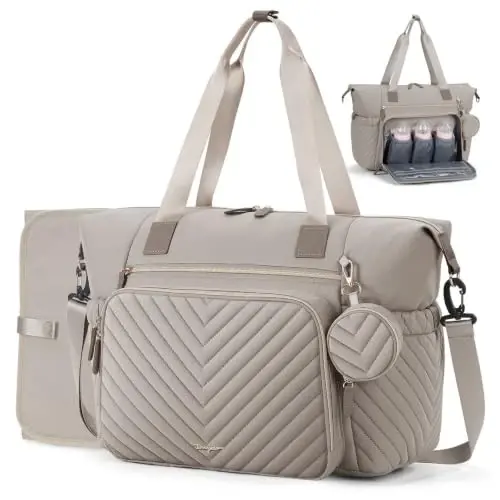 Tonyeee Diaper Bag Tote, Large Baby Hospital Bag for Labor Delivery Mom | Travel Diaper Tote with Changing Pad, Pacifier Case, Insulated Pockets, Luggage Sleeve, Shoulder Strap, V-Quilted Taupe - 1