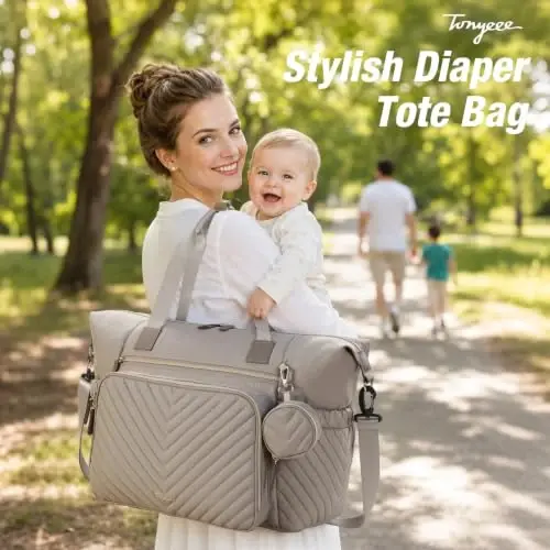 Tonyeee Diaper Bag Tote, Large Baby Hospital Bag for Labor Delivery Mom | Travel Diaper Tote with Changing Pad, Pacifier Case, Insulated Pockets, Luggage Sleeve, Shoulder Strap, V-Quilted Taupe - Tonyeee (1)